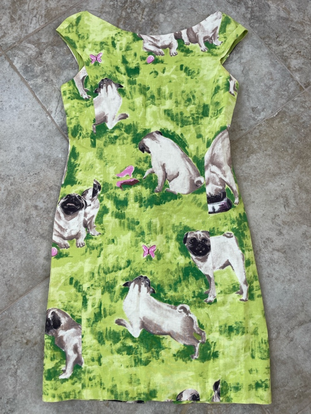 Vintage Moschino Lime Green Linen Pug Signature Lined Dress